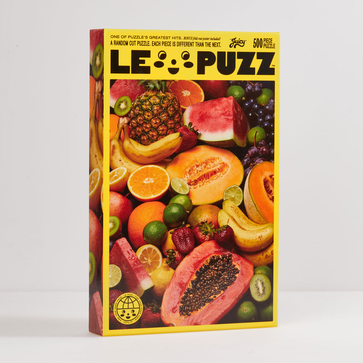 Juicy Puzzle | Le Puzz | 500 Pieces: different types of fruit Puzzle. Juicy is our take on a classic jigsaw puzzle theme — a giant pile of fruit! You might start with the edges or dive right into sorting out the limes. Trypophobia warning this puzzle does feature strawberry and papaya seeds.